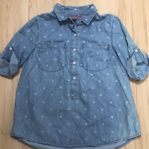 Tommy Hilfiger Blue Chambray White Anchor Print Roll Up Sleeve Button Down Shirt